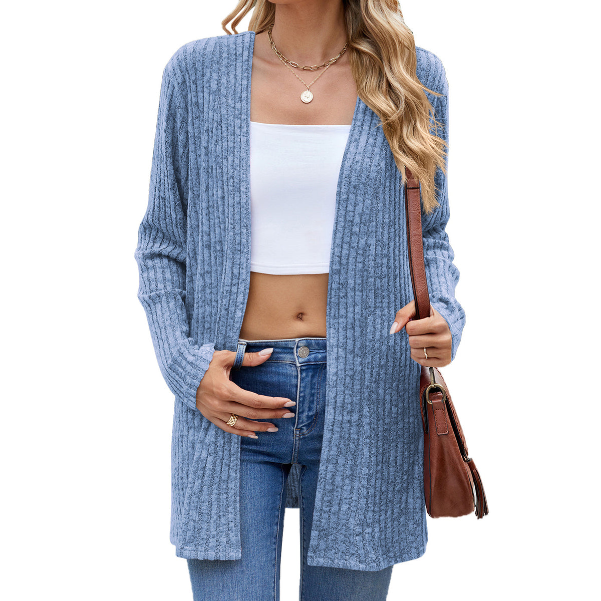Open Front Ribbed Longline Duster Cardigan - Blue