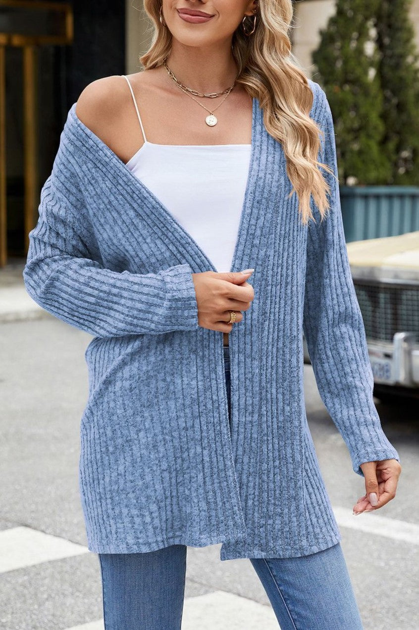 Open Front Ribbed Longline Duster Cardigan - Blue - 3