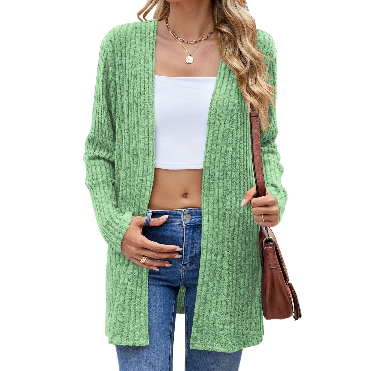 Open Front Ribbed Longline Duster Cardigan - Green - 1
