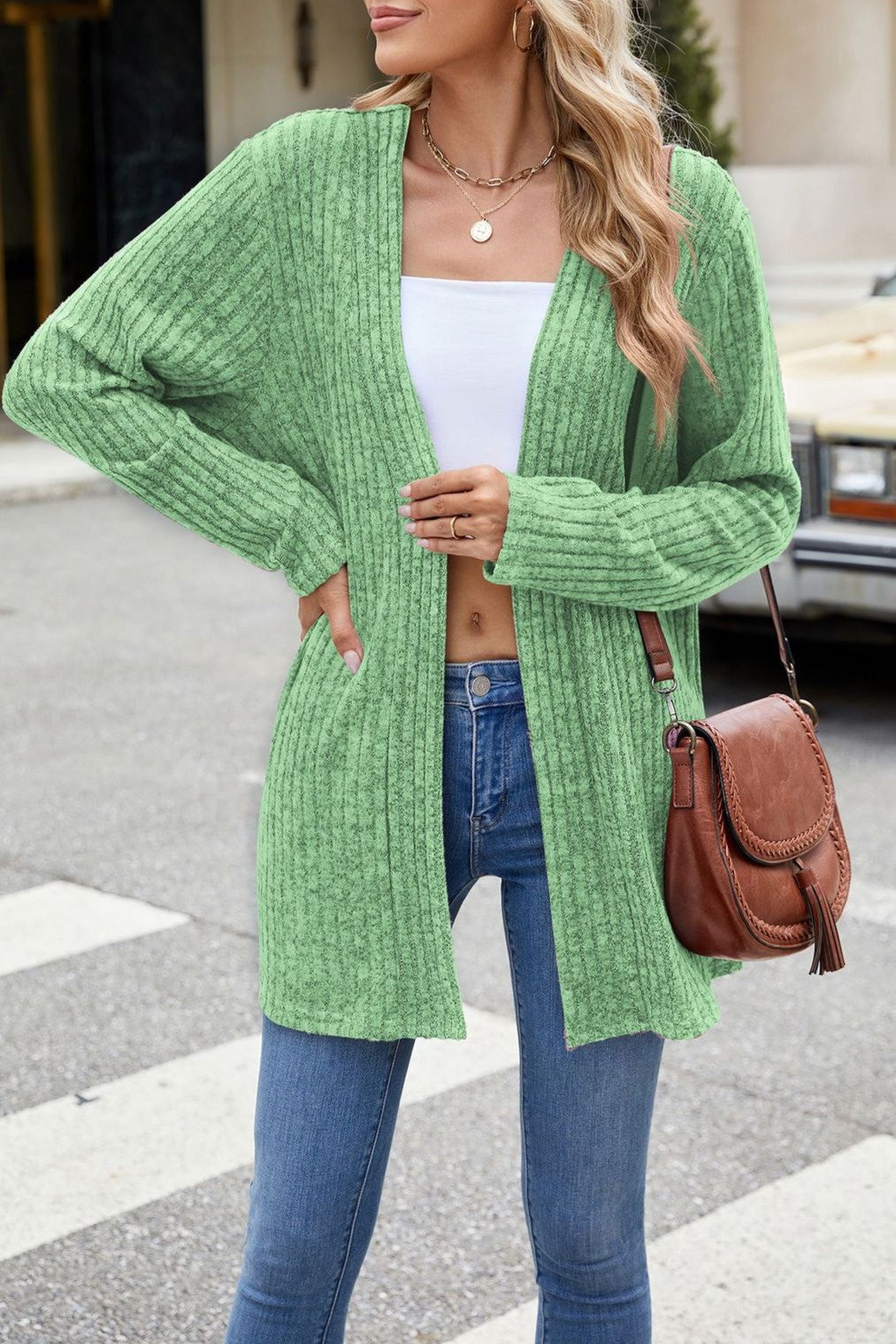 Open Front Ribbed Longline Duster Cardigan - Green - 2