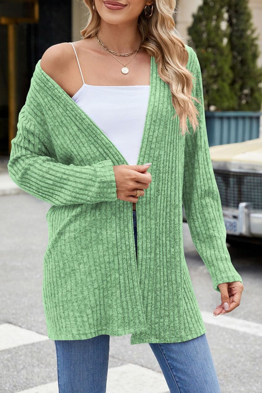 Open Front Ribbed Longline Duster Cardigan - Green - 4
