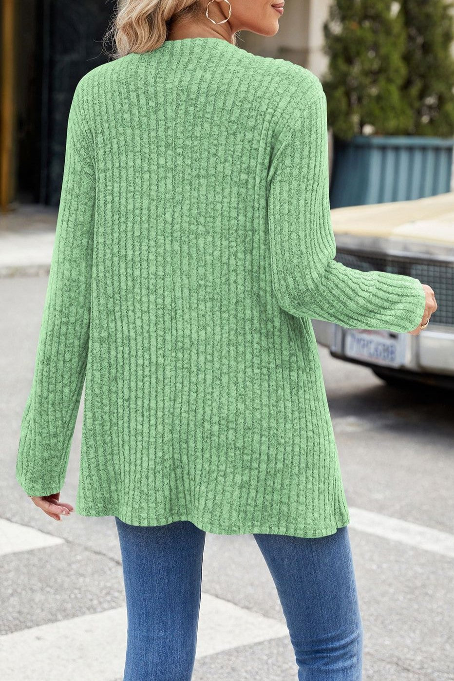 Open Front Ribbed Longline Duster Cardigan - Green - 6