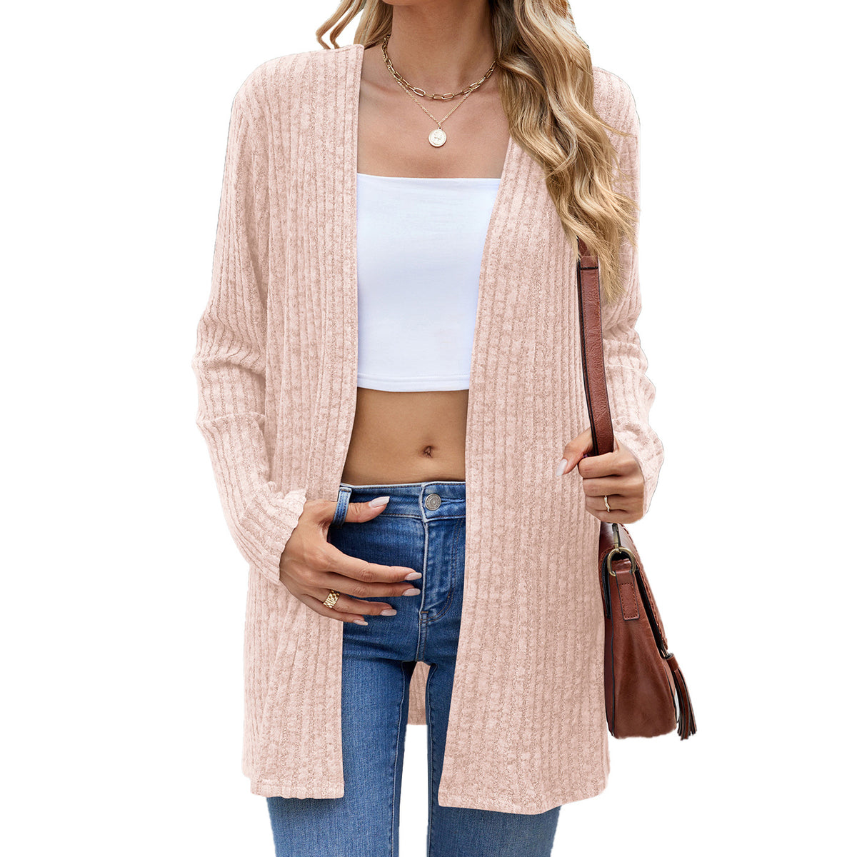 Open Front Ribbed Longline Duster Cardigan - Pink