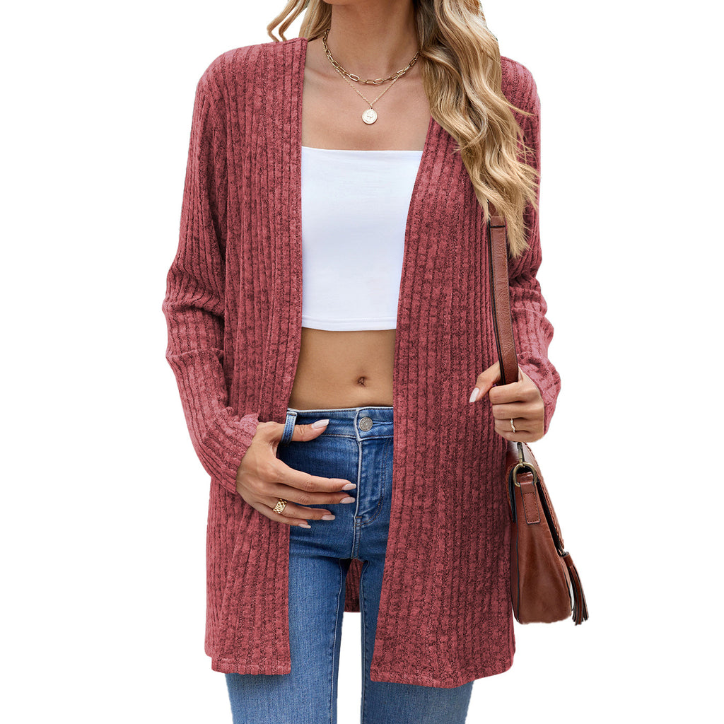 Open Front Ribbed Longline Duster Cardigan - Rust