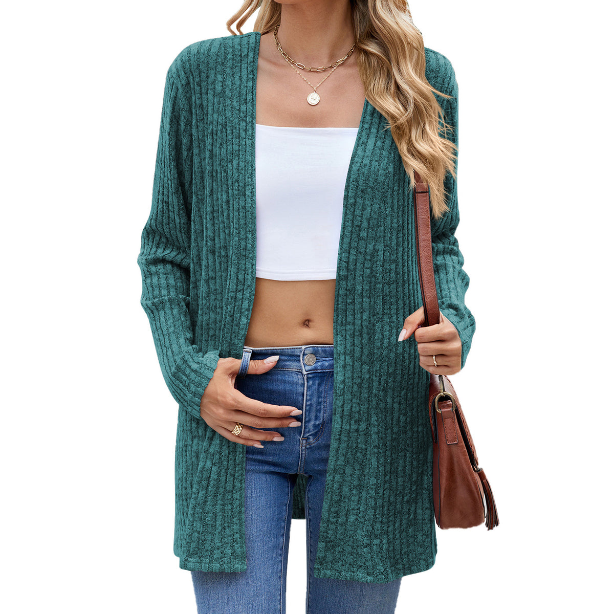 Open Front Ribbed Longline Duster Cardigan - Teal