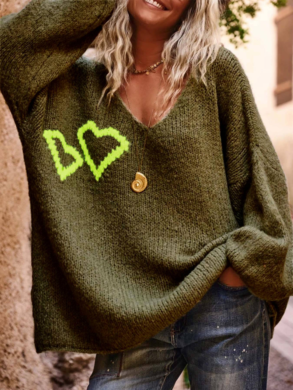 Heart Motif Slouchy V-Neck Knit Sweater - DkGreen - 2