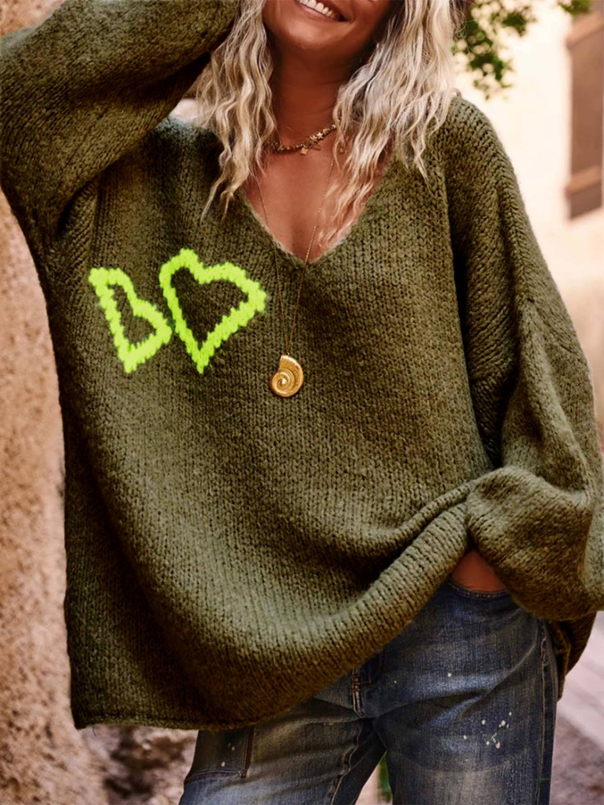 Heart Motif Slouchy V-Neck Knit Sweater - DkGreen - 2