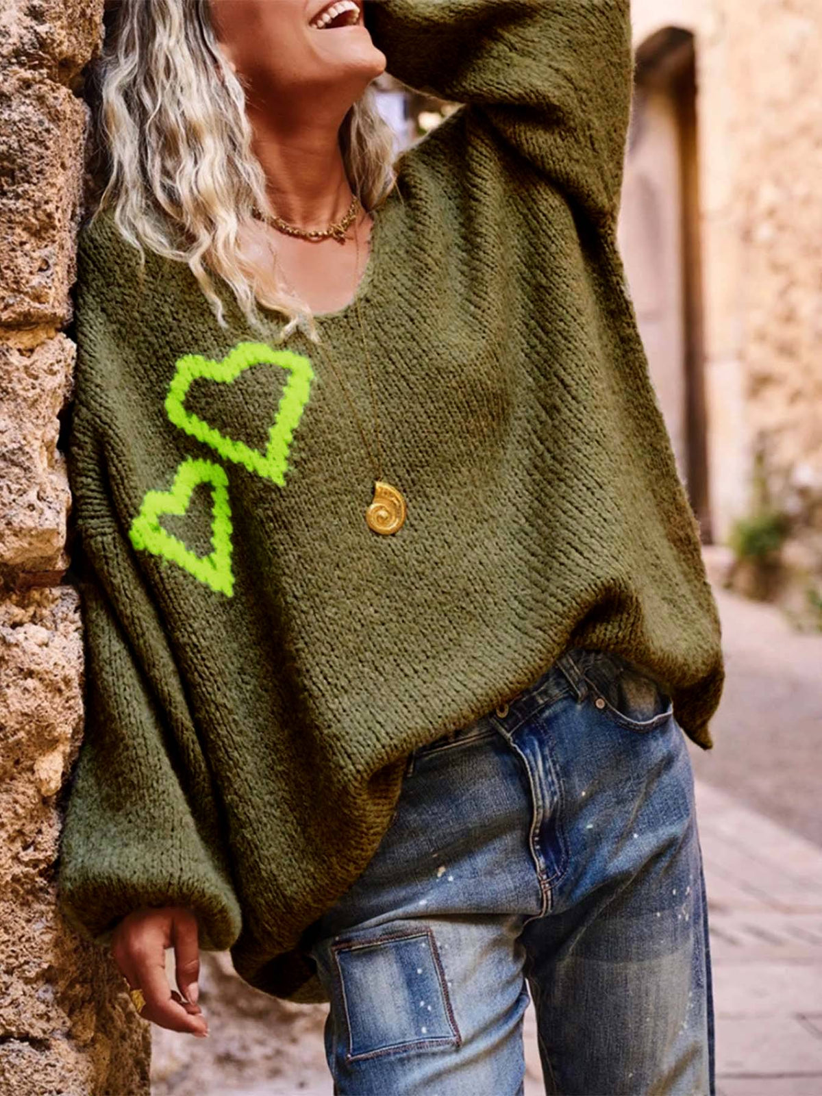 Heart Motif Slouchy V-Neck Knit Sweater - DkGreen - 3