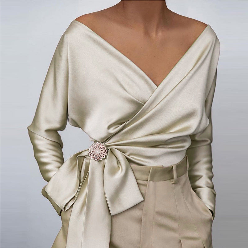 Satin Wrap Front Tie Waist Blouse - Apricot