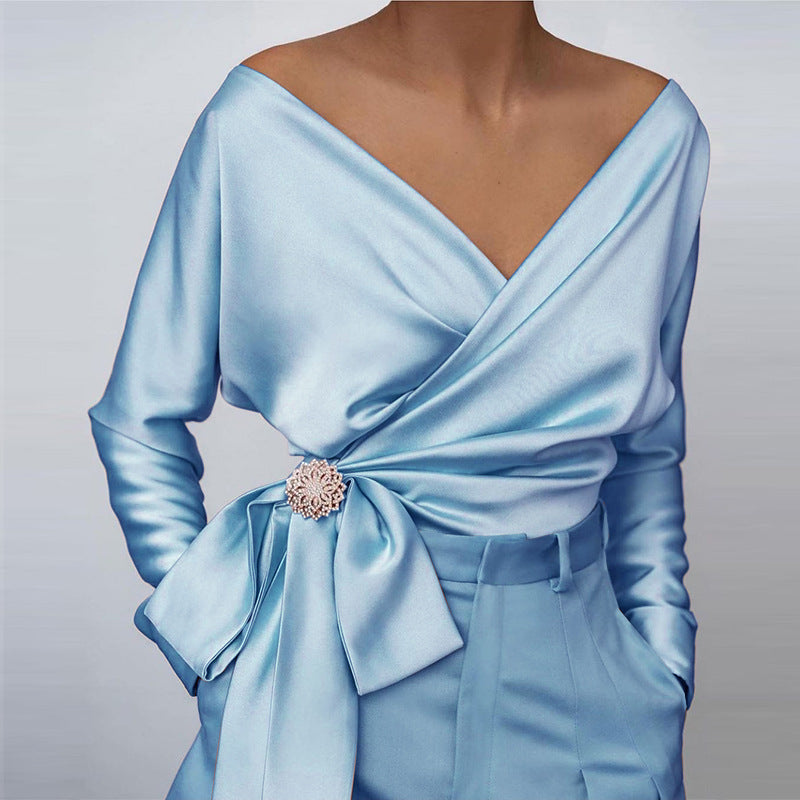 Satin Wrap Front Tie Waist Blouse - Blue