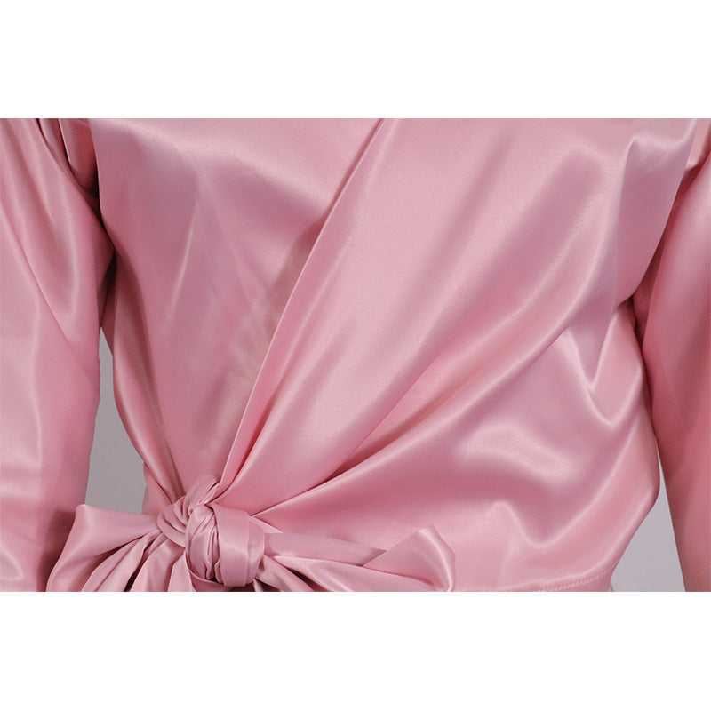 Satin Wrap Front Tie Waist Blouse - Pink