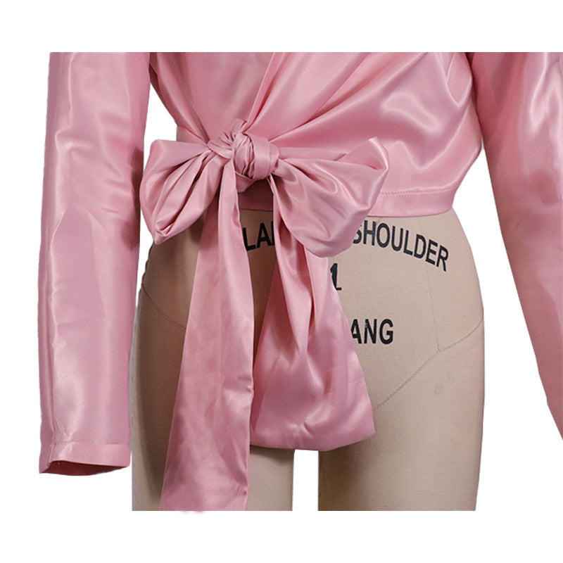 Satin Wrap Front Tie Waist Blouse - Pink - 1