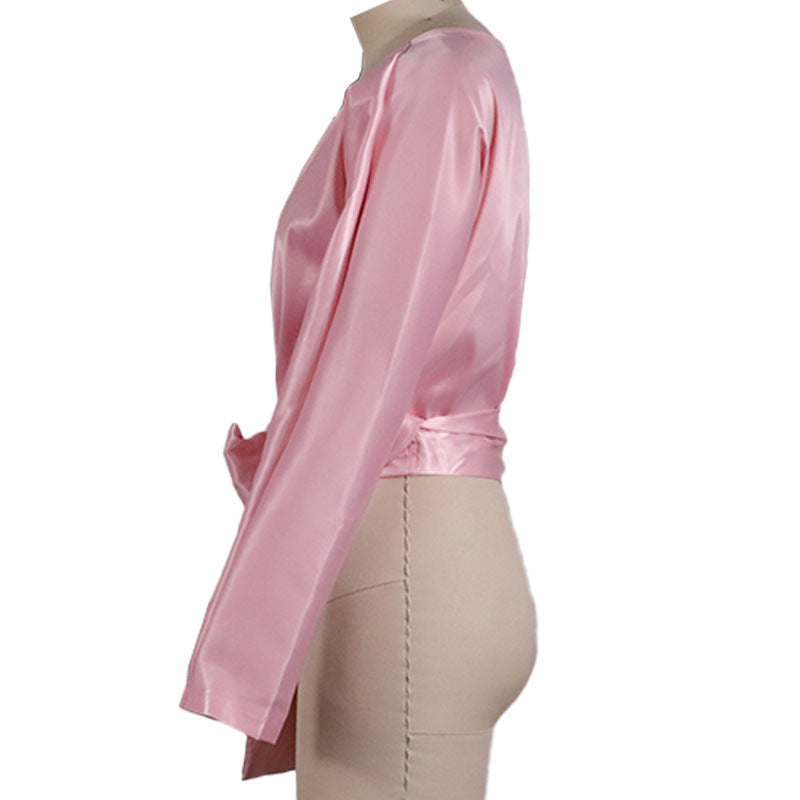 Satin Wrap Front Tie Waist Blouse - Pink - 2