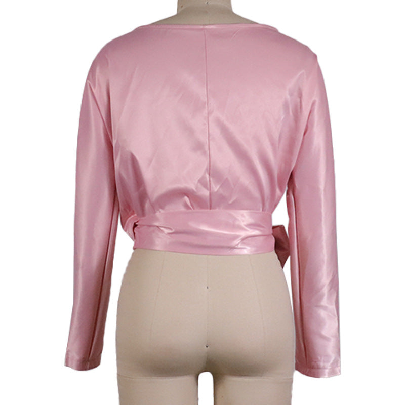 Satin Wrap Front Tie Waist Blouse - Pink - 4