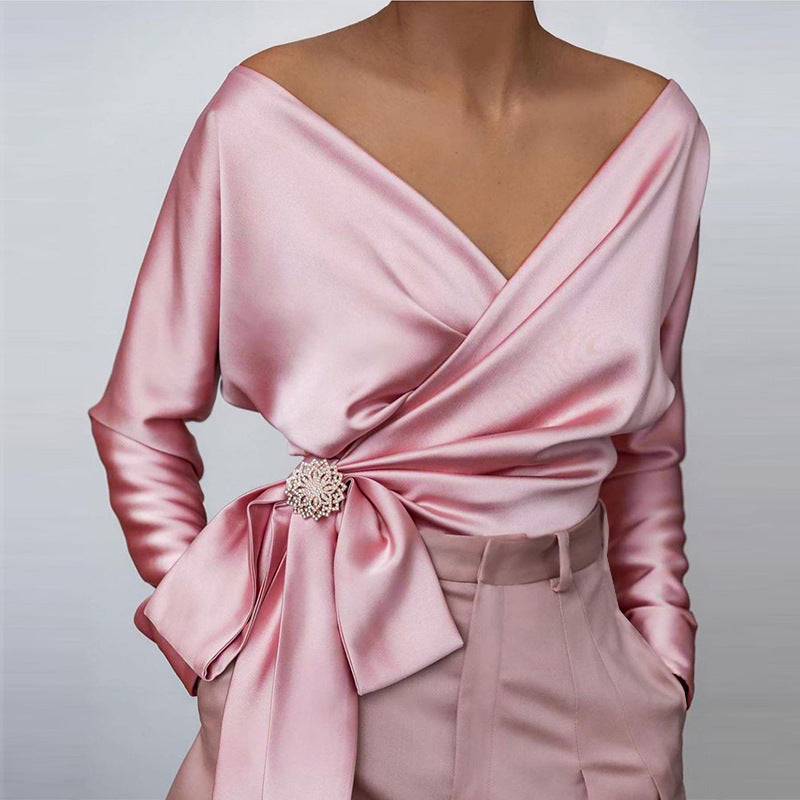 Satin Wrap Front Tie Waist Blouse