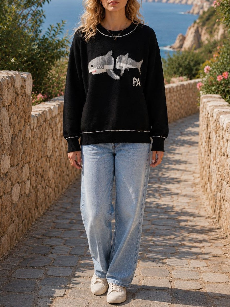 Shark Intarsia Crew Neck Knit Sweater - Black - 3