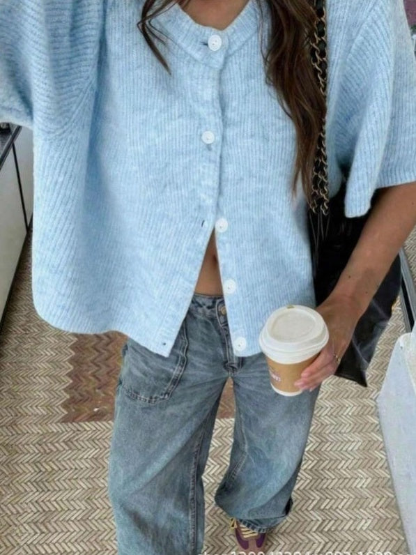 Boxy Rib Knit Button Front Short Sleeve Sweater - Blue