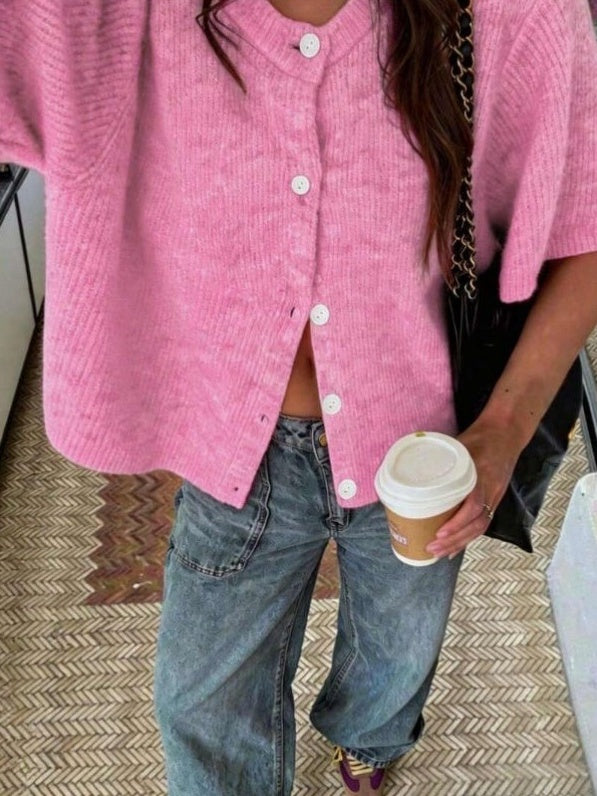 Boxy Rib Knit Button Front Short Sleeve Sweater - Fuchsia