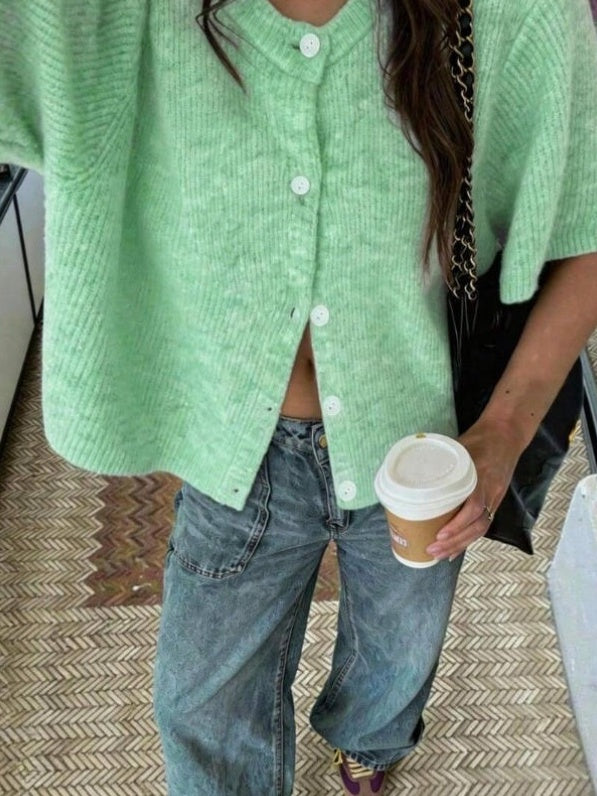 Boxy Rib Knit Button Front Short Sleeve Sweater - Green