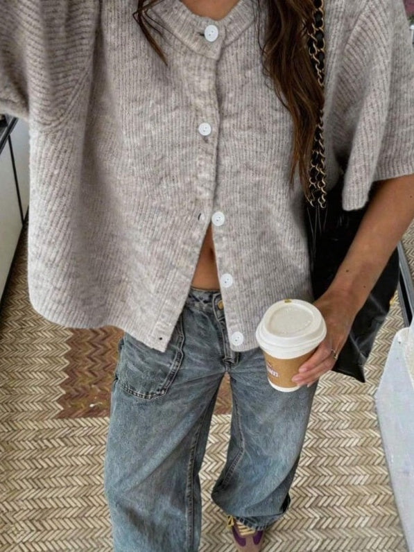 Boxy Rib Knit Button Front Short Sleeve Sweater - Grey
