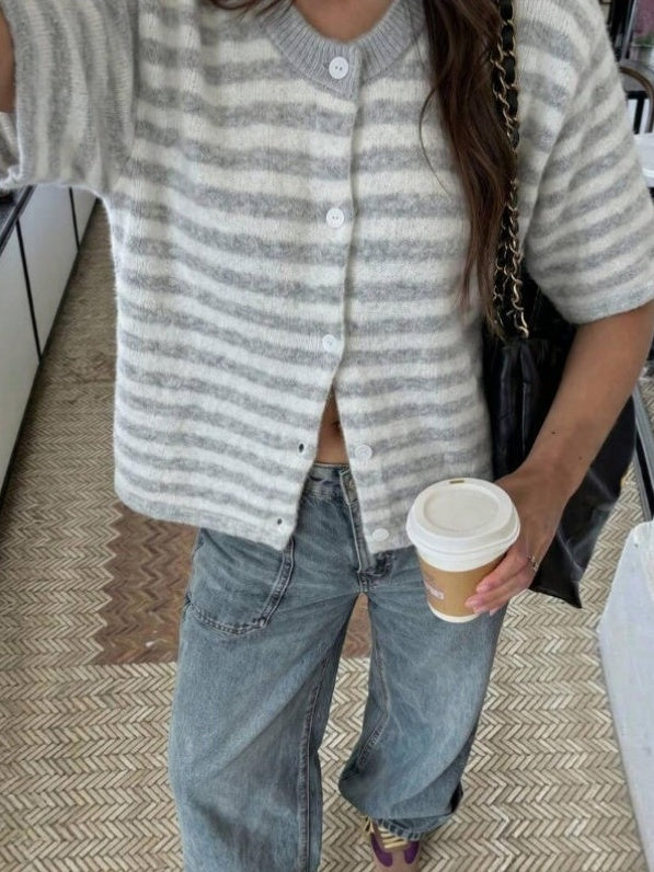 Boxy Rib Knit Button Front Short Sleeve Sweater - Stripe