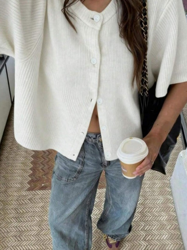 Boxy Rib Knit Button Front Short Sleeve Sweater - White