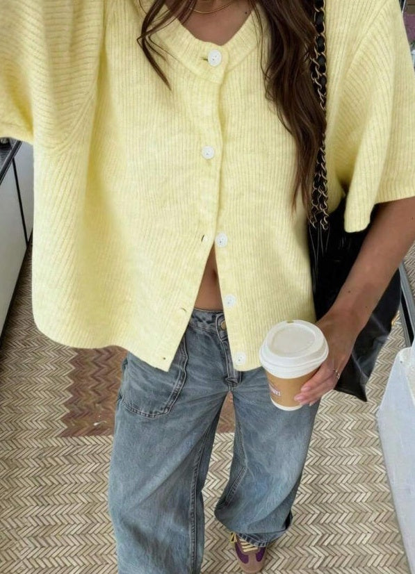 Boxy Rib Knit Button Front Short Sleeve Sweater - Yellow