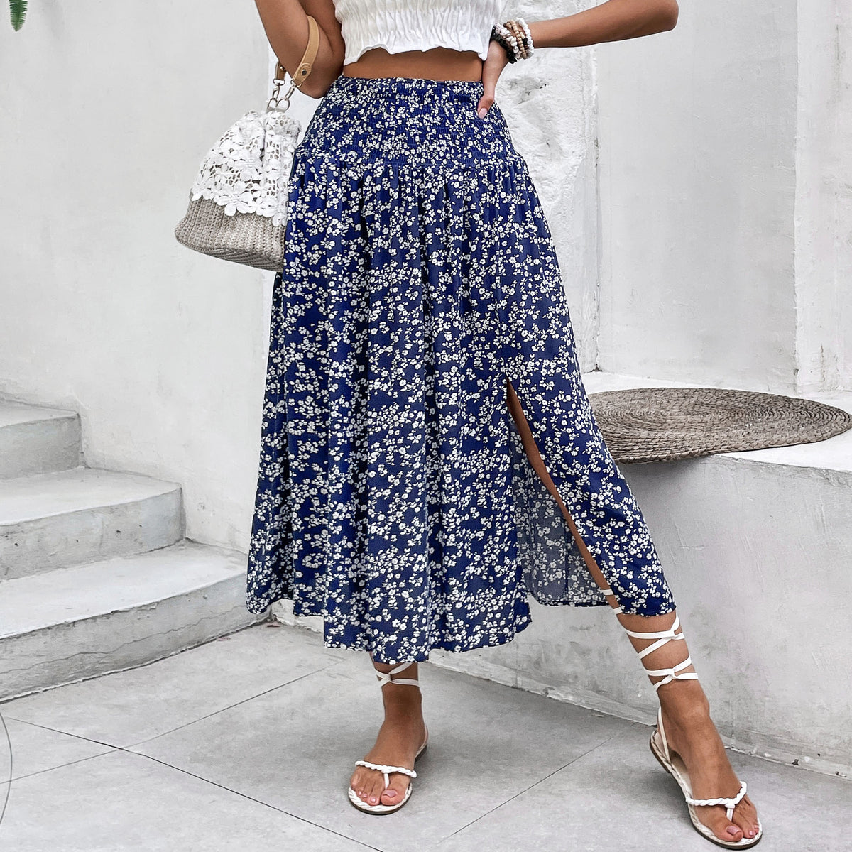 Ditsy Floral Side Slit Midi Skirt - Darkblue