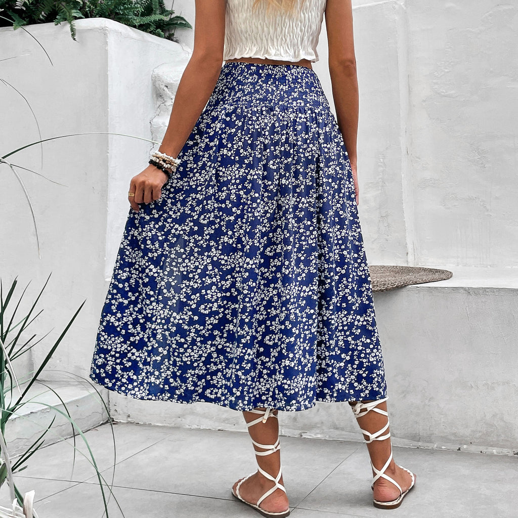 Ditsy Floral Side Slit Midi Skirt - Darkblue - 2