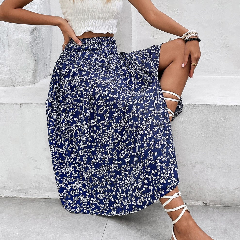 Ditsy Floral Side Slit Midi Skirt - Darkblue - 3