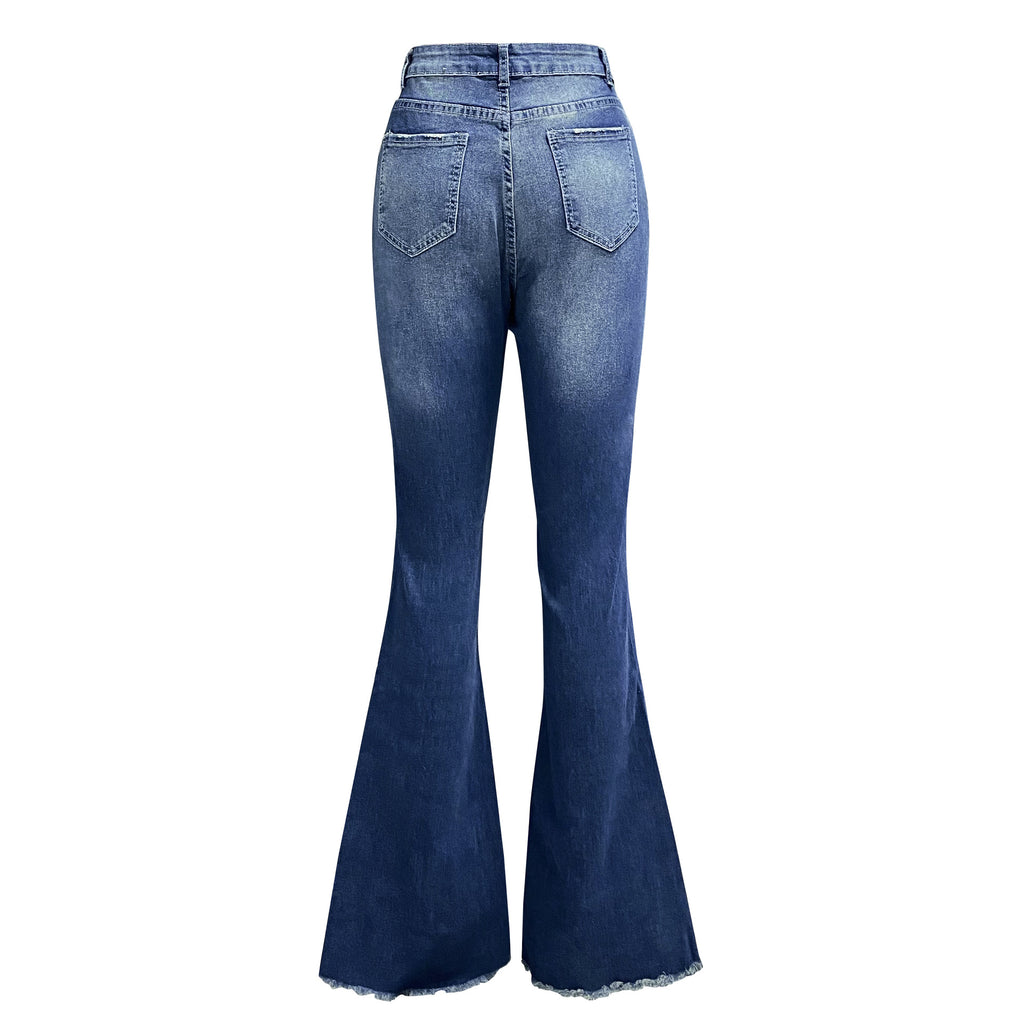 Distressed Button Fly Flare Jeans - Dark blue - 4