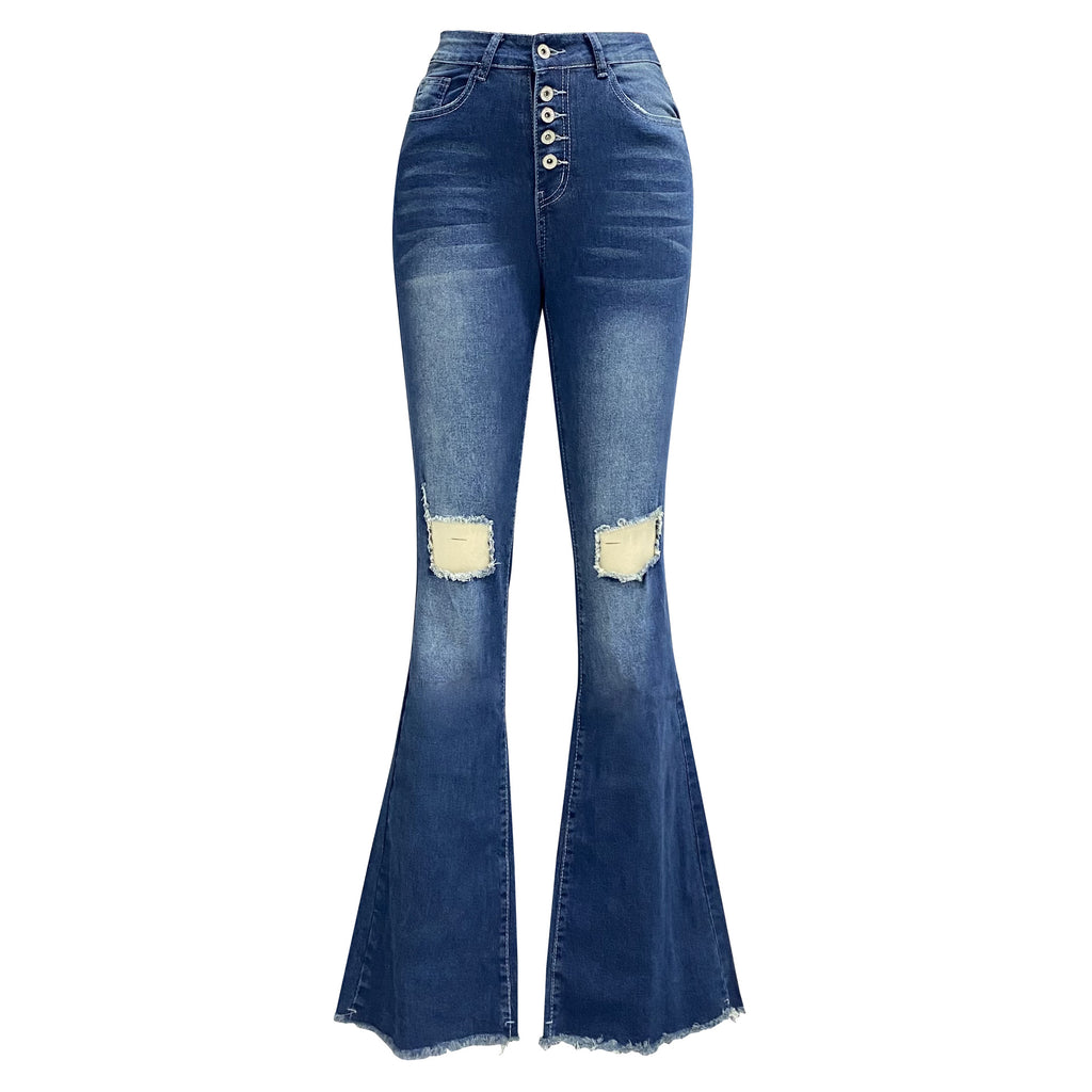 Distressed Button Fly Flare Jeans - Dark blue - 5