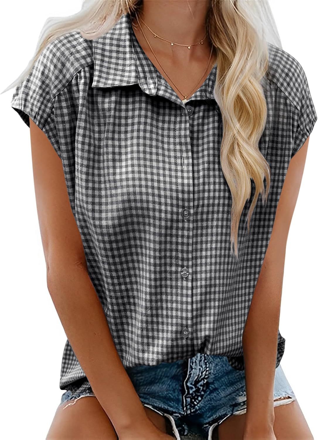 Gingham Check Cap Sleeve Tee - Black