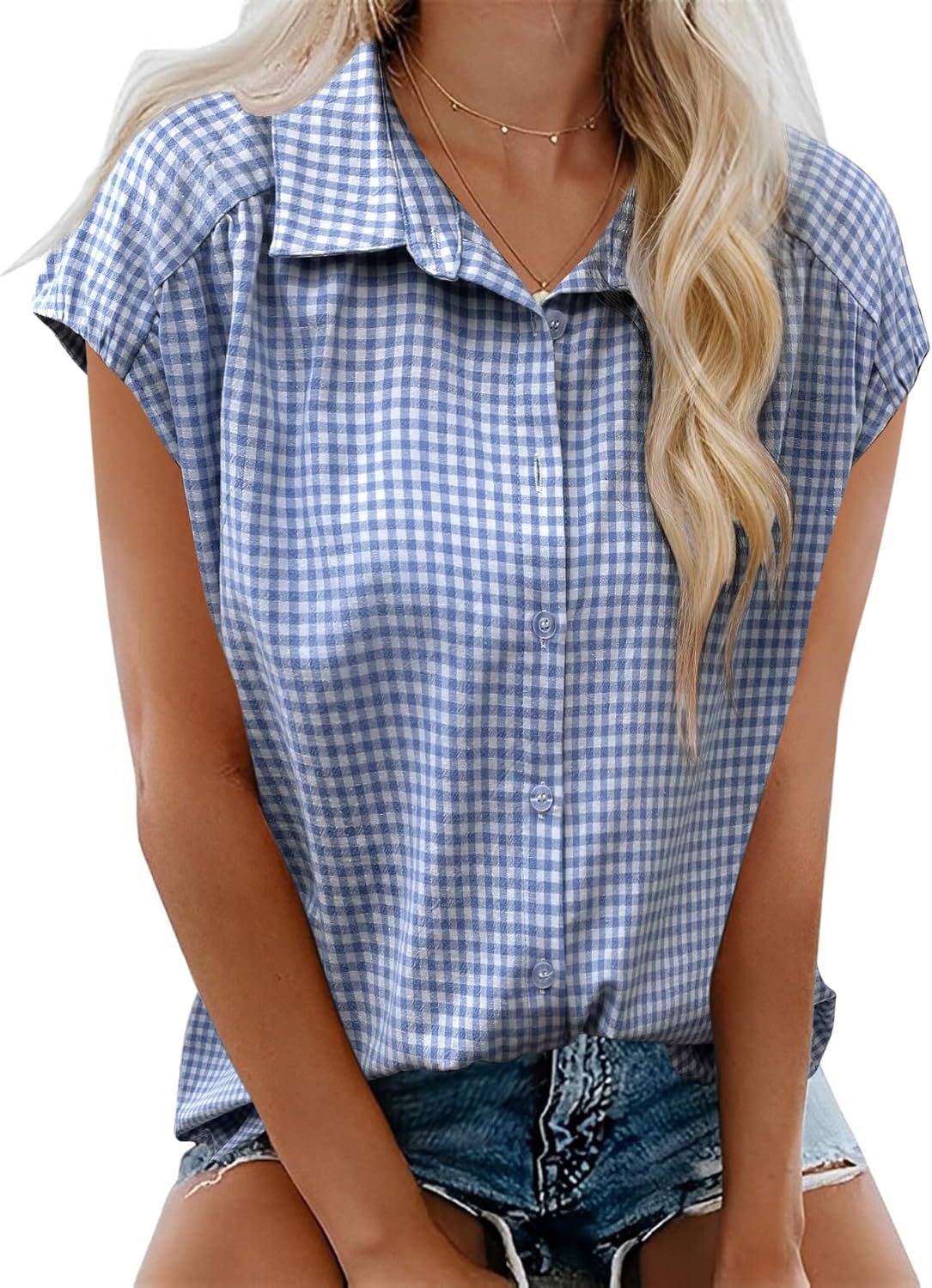 Gingham Check Cap Sleeve Tee - Blue