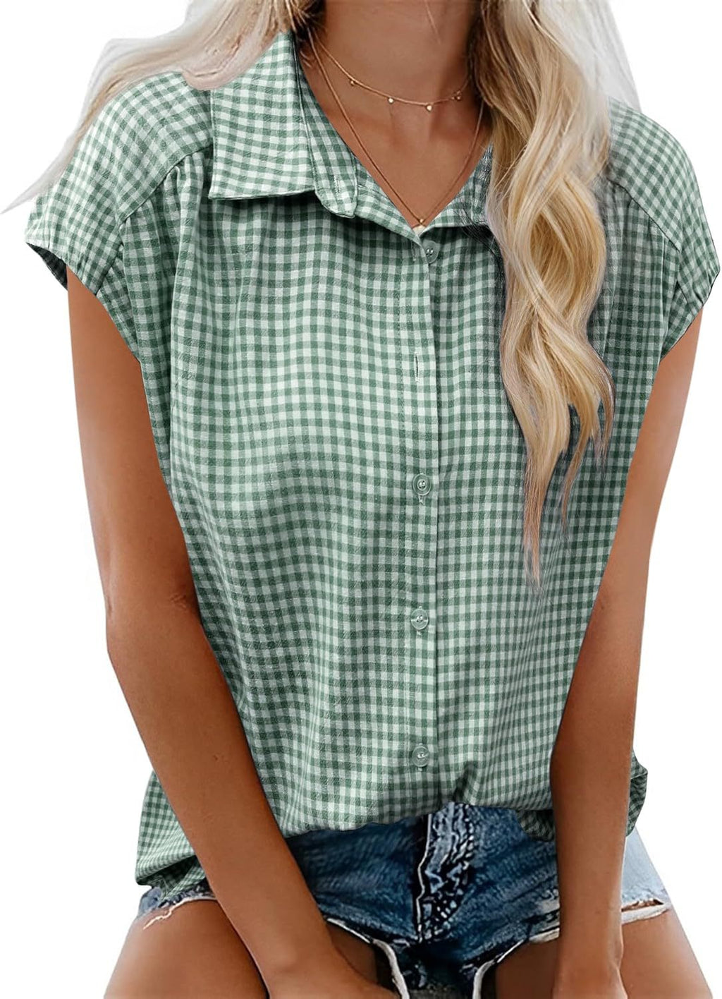 Gingham Check Cap Sleeve Tee - Green