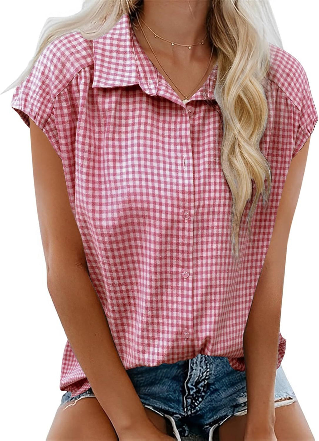Gingham Check Cap Sleeve Tee - Red
