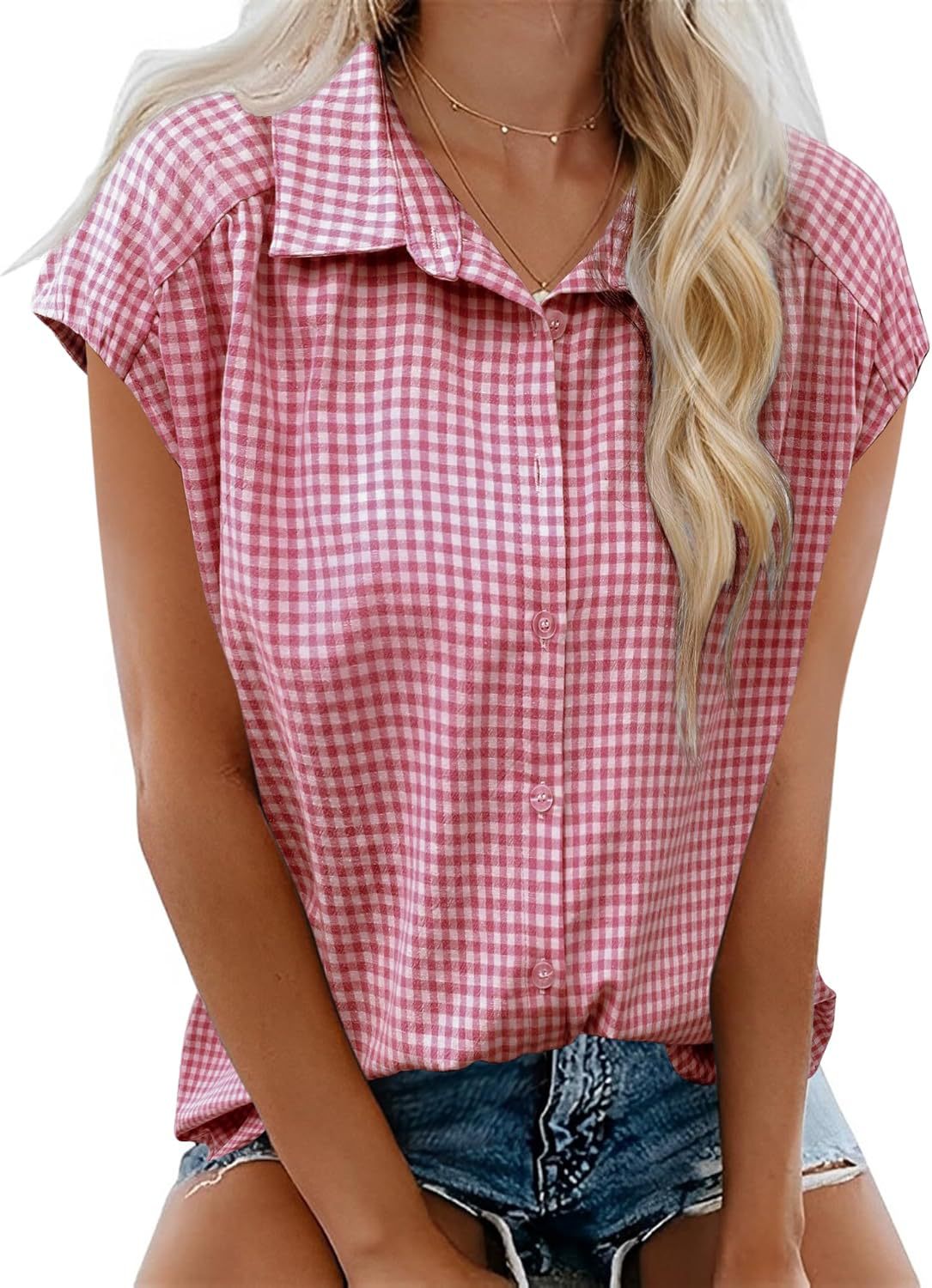 Gingham Check Cap Sleeve Tee - Red
