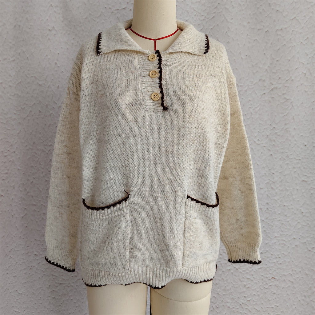 Collared Half Button Slouchy Knit Sweater - Beige