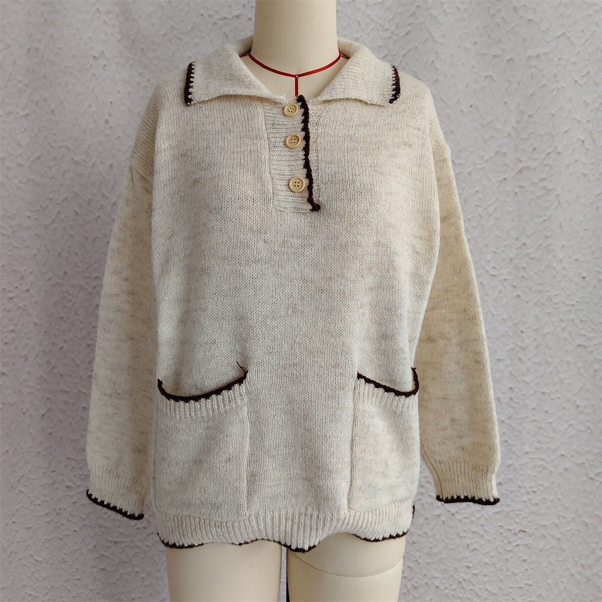 Collared Half Button Slouchy Knit Sweater - Beige
