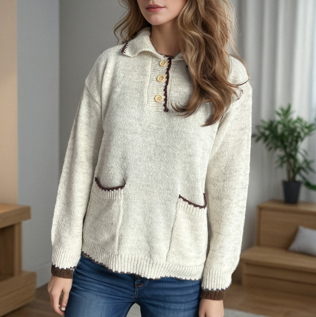 Collared Half Button Slouchy Knit Sweater - Beige - 1