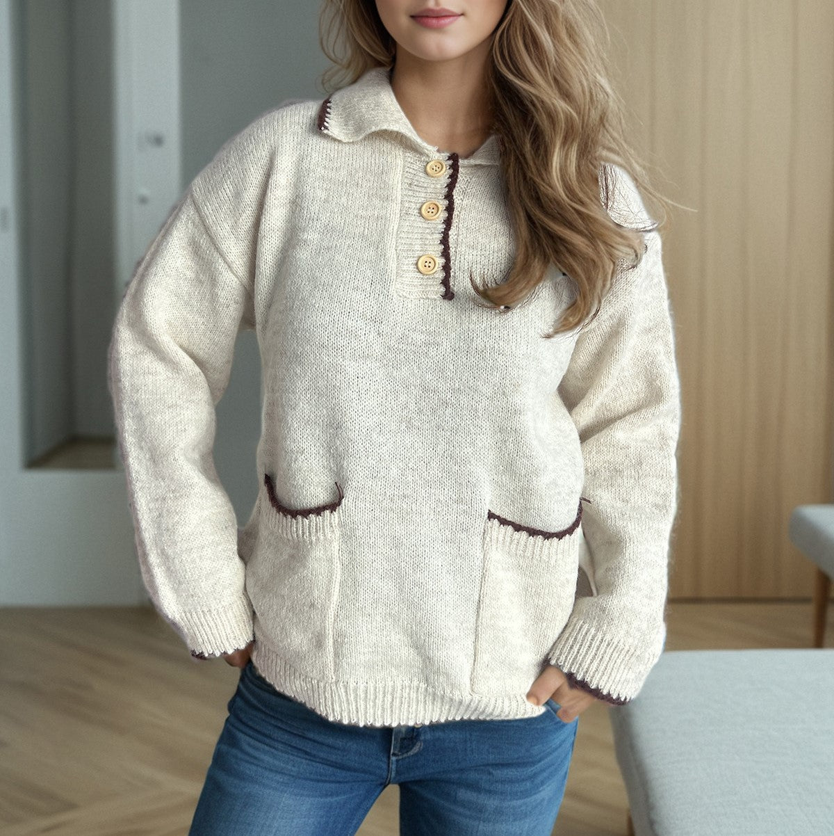 Collared Half Button Slouchy Knit Sweater - Beige - 2