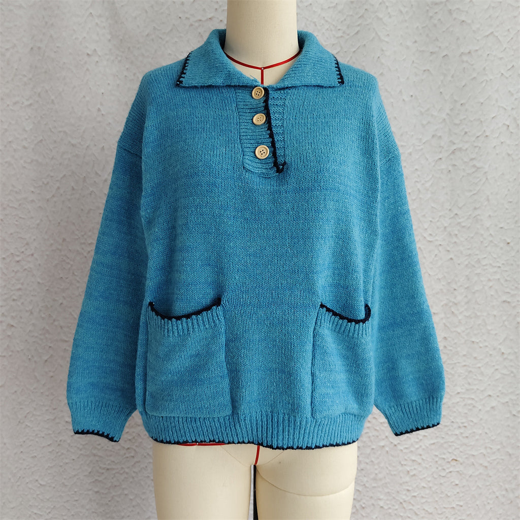 Collared Half Button Slouchy Knit Sweater - Blue