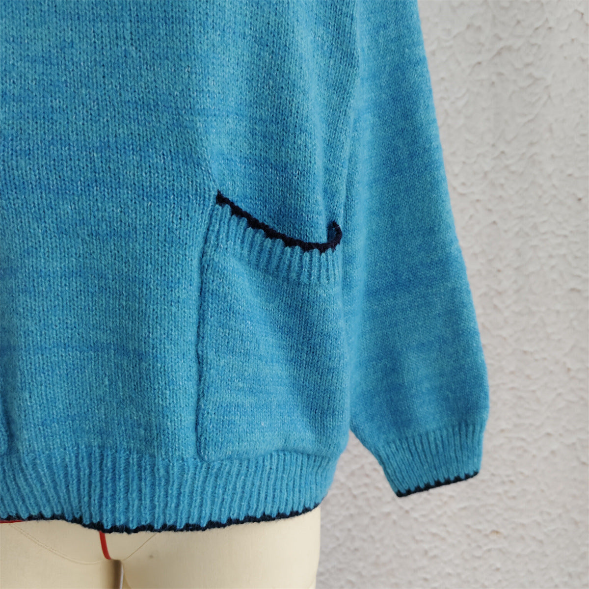 Collared Half Button Slouchy Knit Sweater - Blue - 1