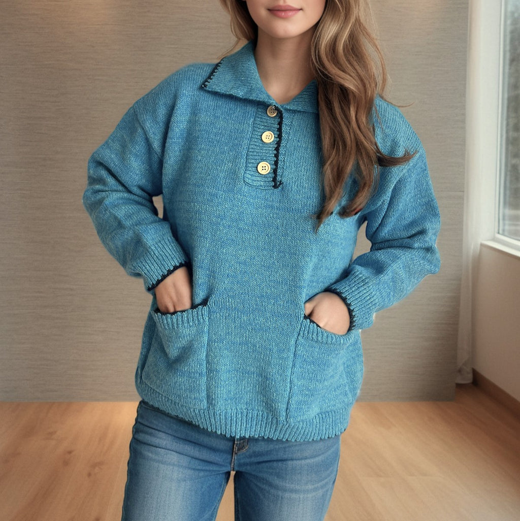 Collared Half Button Slouchy Knit Sweater - Blue - 2