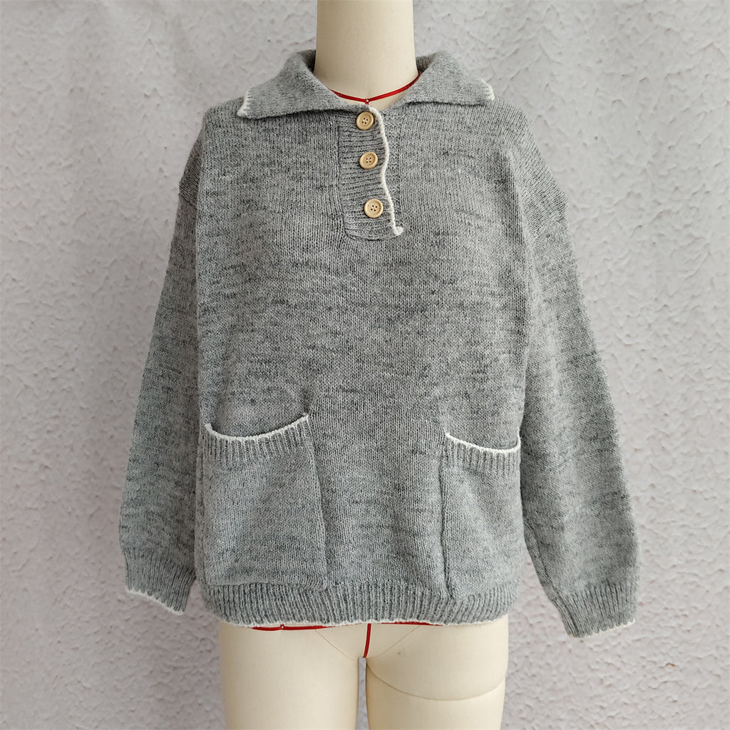 Collared Half Button Slouchy Knit Sweater - Grey