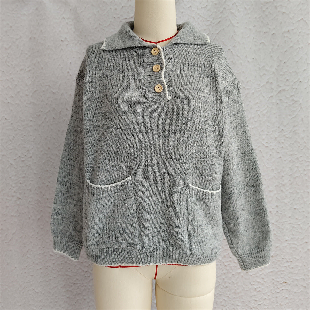 Collared Half Button Slouchy Knit Sweater - Grey