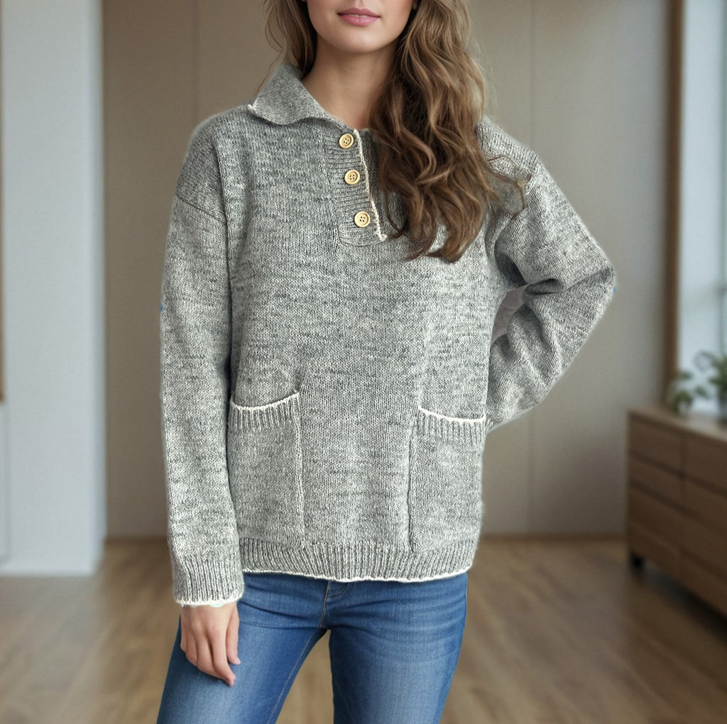 Collared Half Button Slouchy Knit Sweater - Grey - 1