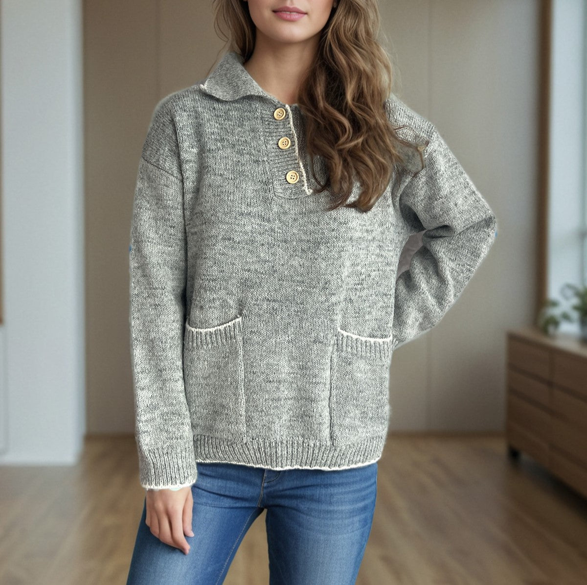 Collared Half Button Slouchy Knit Sweater - Grey - 1