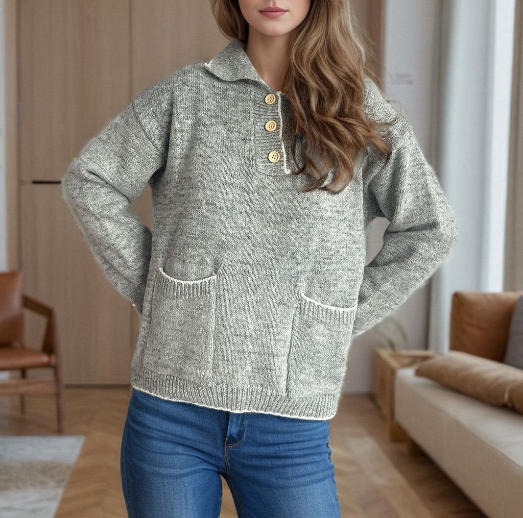 Collared Half Button Slouchy Knit Sweater - Grey - 2