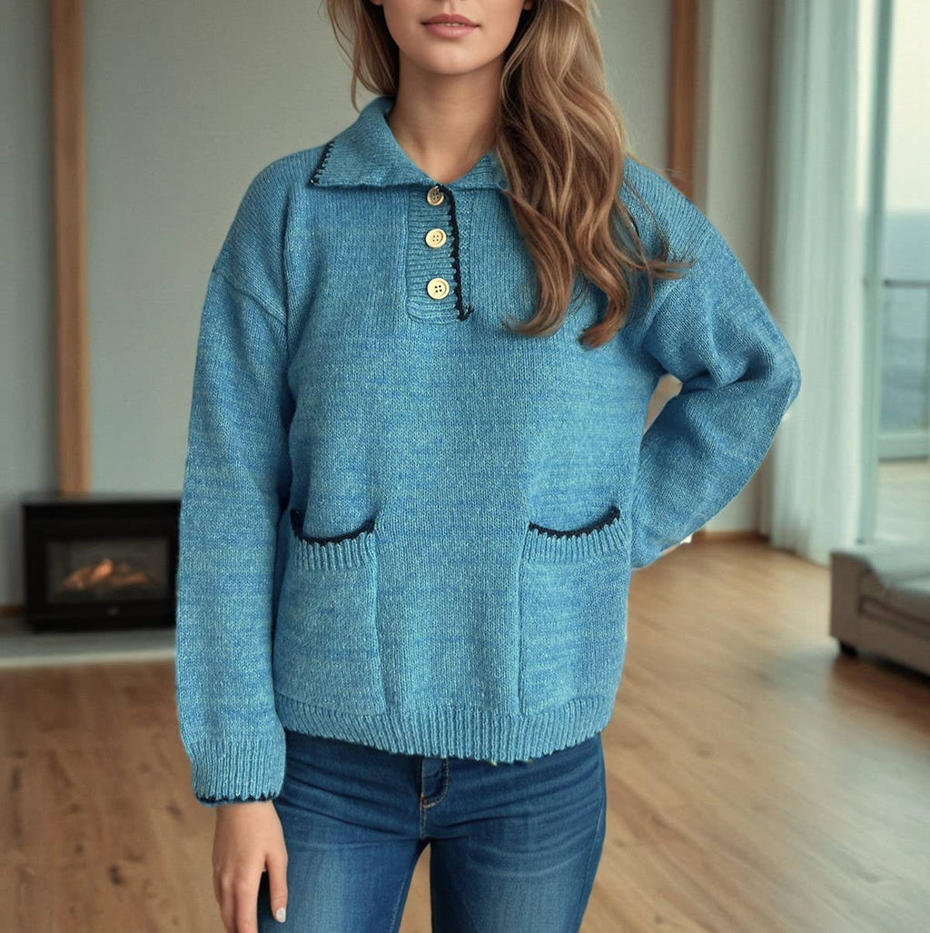 Collared Half Button Slouchy Knit Sweater